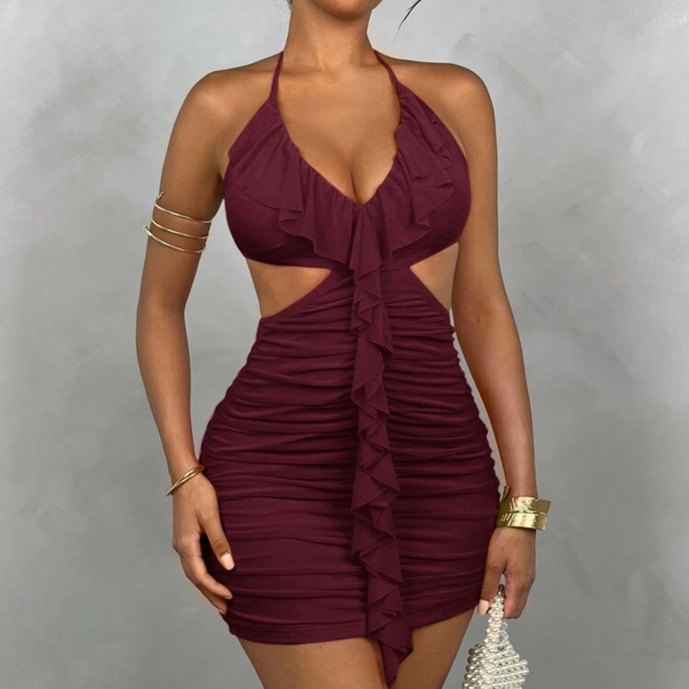 Elegant Burgundy Halter Dress with Cut Outs